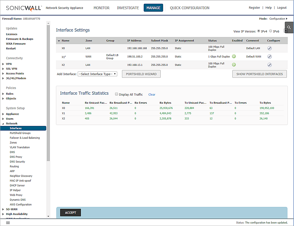 Screen shot of the SonicWALL network interface settings